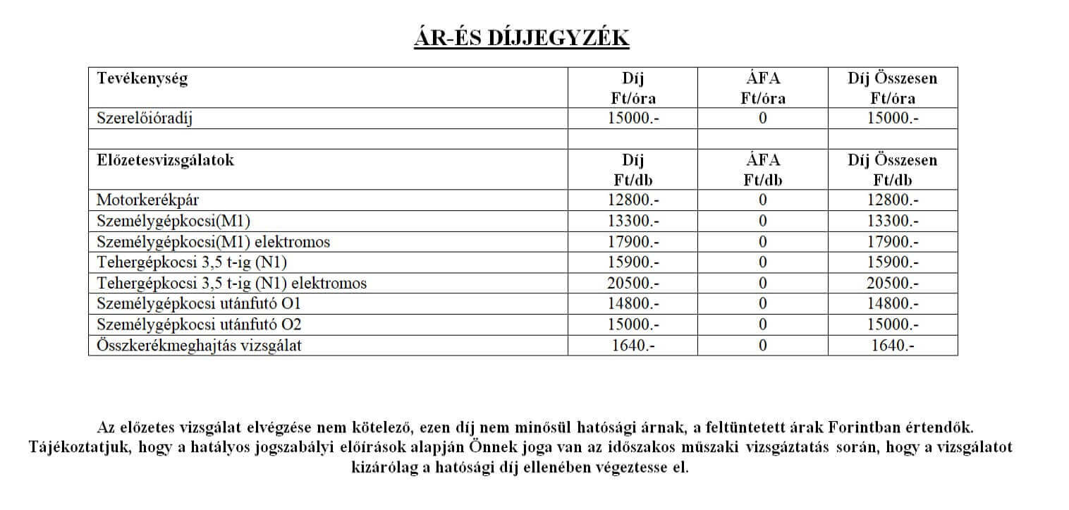 Autószerviz árlista és előzetes műszaki vizsgálati díjak