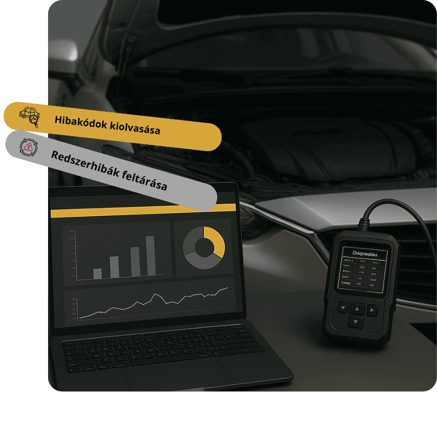 Autódiagnosztika OBD hibakód-kiolvasóval és laptopos rendszerellenőrzéssel.