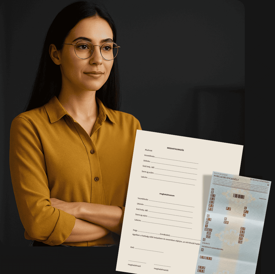 Ügyintézéshez szükséges okmányok és meghatalmazás dokumentumok egy ügyintéző nő mellett.